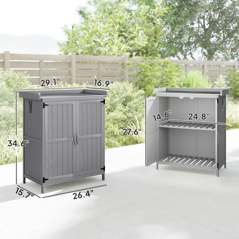 Outsunny Outdoor Storage Cabinet, Garden Tool Shed with Metal Tabletop and Shelf, Wooden Potting Bench with 2 Doors, Gray