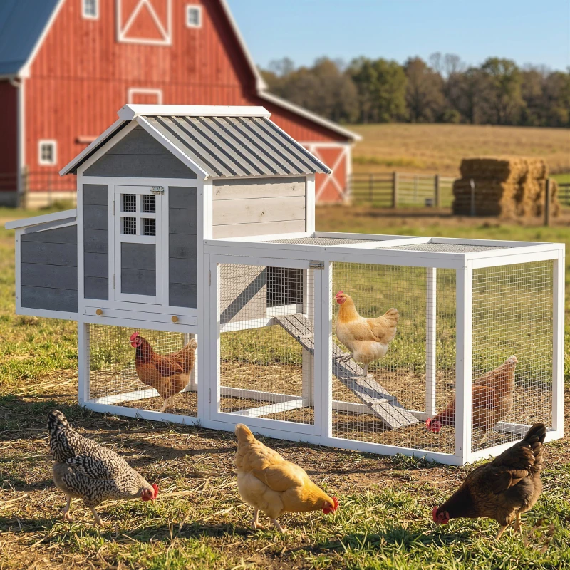 PawHut 82" Wooden Chicken Coop, Large Outdoor Hen House for 2-3 Hens, Chicken House with Nesting Box, Pull-on Tray