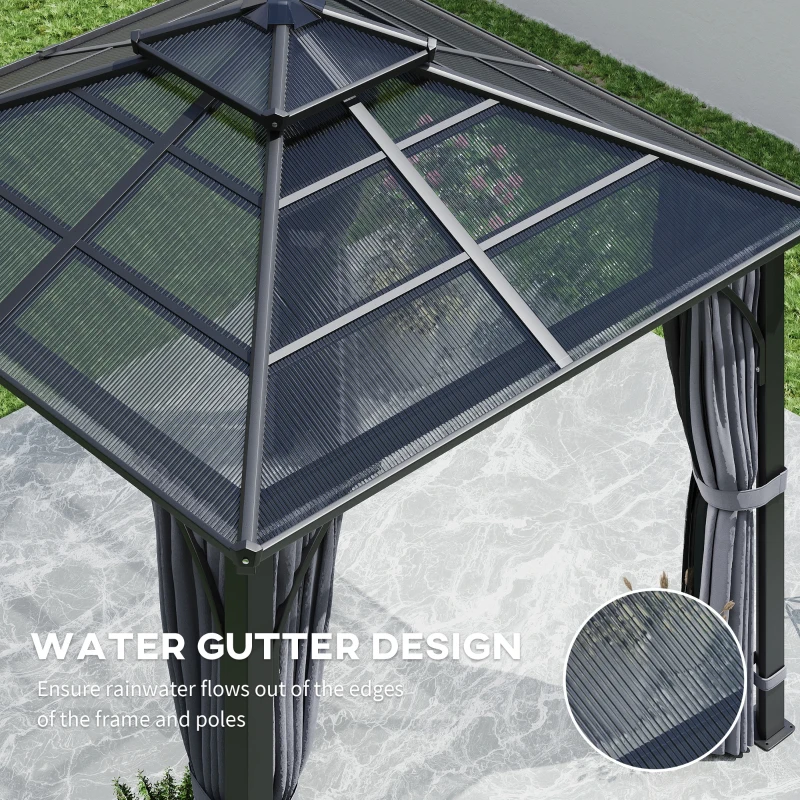 Outsunny 10' x 10' Hardtop Gazebo with 7mm Polycarbonate Double-Tier Roof, Outdoor Gazebo with Netting and Curtains, Dark Grey