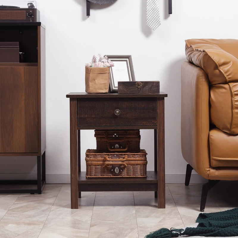 HOMCOM End Table with Drawer, Side Table with Top and Bottom Shelf for Small Spaces, Set of 2, Dark Brown