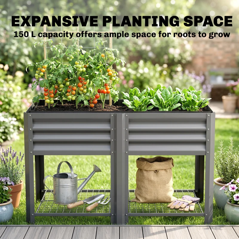 Outsunny Raised Garden Bed Galvanized Steel, Elevated Planter Box with Storage Shelf, Bed Liner, 31.5" High, Dark Gray