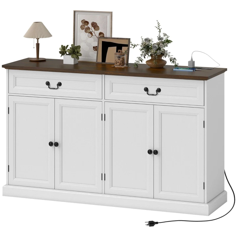 HOMCOM Buffet Cabinet, 55" Farmhouse Sideboard with Charging Station, 2 Drawers and 2 Adjustable Shelves, White Wood Grain