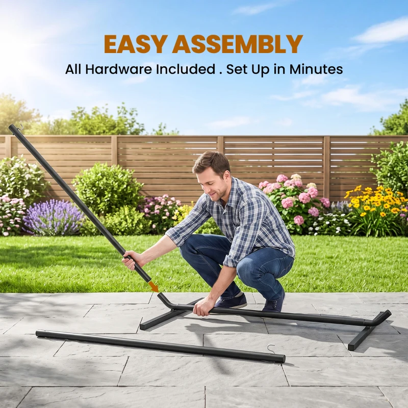 Outsunny 11.8'L Hammock Stand Extra Long Heavy Duty Straight Pole Day Bed Swing Metal Frame Simple Set Up Garden Outdoor Camping Picnic Use Black