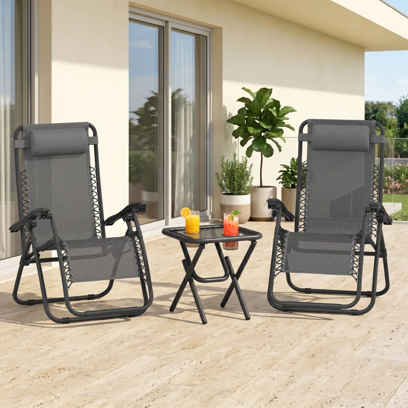 Outsunny Zero Gravity Chair Set of 2 Patio Chair with Side Table Cupholders and Pillows for Pool, Backyard, Lawn, Beach, Grey