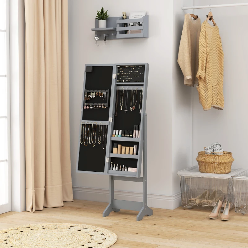 HOMCOM Free Standing Armoire Organizer, Lighted Mirrored Jewelry Cabinet w/ Angle Adjustable & 16 LED Lights, Grey