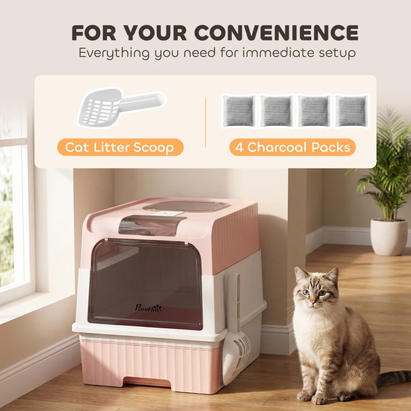 PawHut Cat Litter Box Hooded Cat Litter Tray with Drawer Pan Front Entry & Top Exit Easy Cleaning Pink