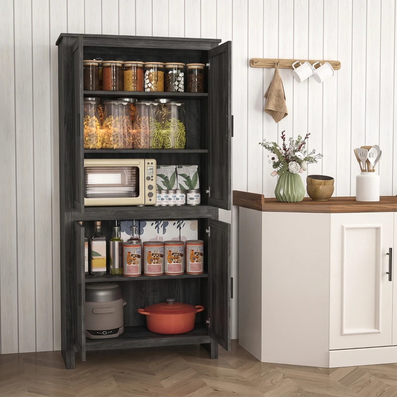 HOMCOM 64" 4-Door Kitchen Pantry, Freestanding Storage Cabinet with 3 Adjustable Shelves for Kitchen, Gray Oak