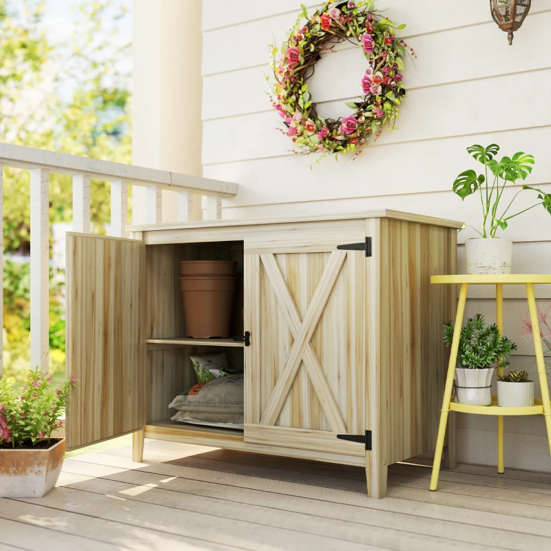 Outsunny Wooden Outdoor Storage Cabinet, Garden Shed Potting Shed with Shelf and Double Doors, Natural Wood