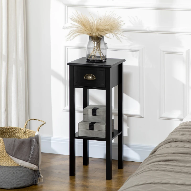 HOMCOM 2-Tier Nightstand, Side Table with Drawer and Shelf for Living Room or Bedroom, Set of 2, Black