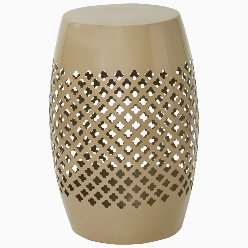 Outsunny 12.4" Steel Patio End Table, Round Hollow Drum Side Table, Accent Table for Indoor and Outdoor, Khaki