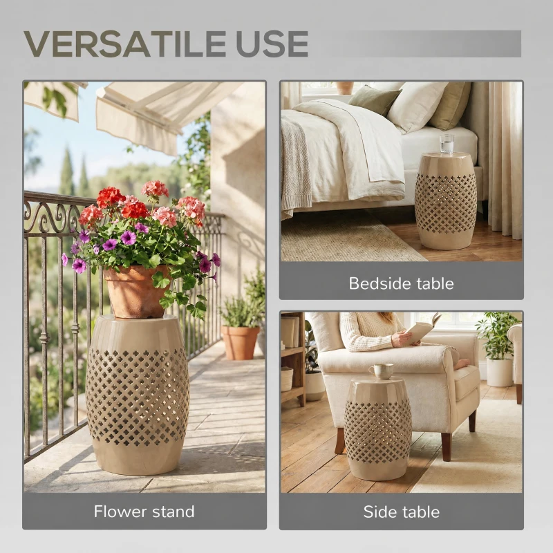 Outsunny 12.4" Steel Patio End Table, Round Hollow Drum Side Table, Accent Table for Indoor and Outdoor, Khaki