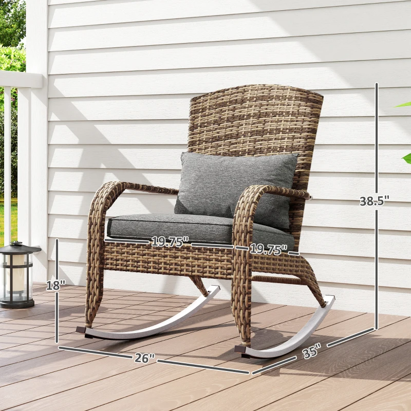 Outsunny Adirondack Chair, Outdoor Wicker Rocking Chair with High Back, Seat Cushion, and Pillow for Porch, Balcony, Gray