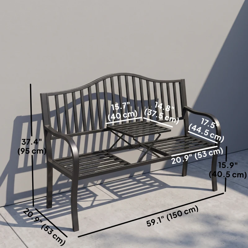 Outsunny Outdoor Bench with Retractable Middle Table, Metal Frame Patio Loveseat with Slatted Seat and Backrest, Curved Armrests, Black