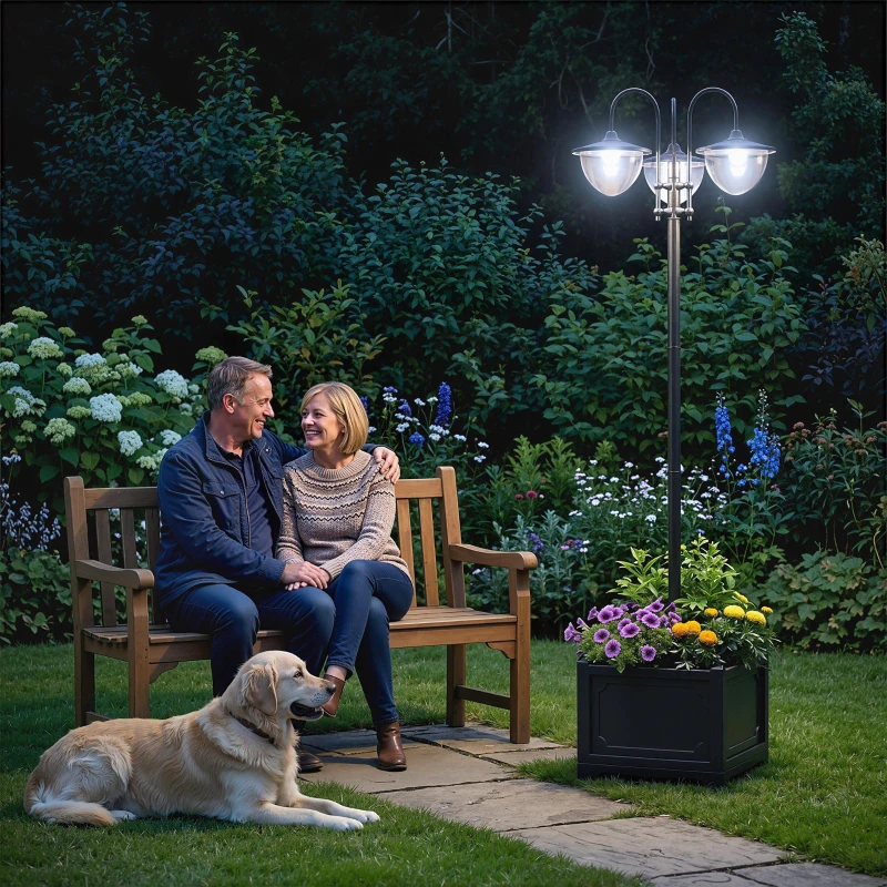 Outsunny 74.5" 3-head Solar Lamp Post Light with Planter, Solar Pole Lights Outdoor Waterproof LED Lighting for Backyard Pathway Patio Lawn Driveway Decor, Black