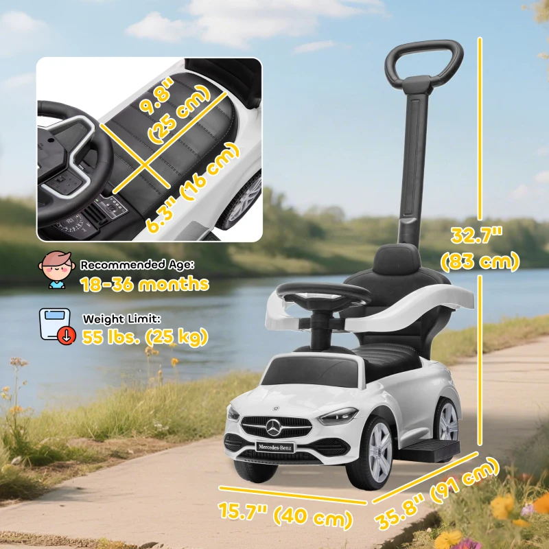 Qaba Licensed Mercedes-Benz Push Car for Toddlers, 2-in-1 Sliding Walking Car with Push Handle, Horn, Guardrail, White