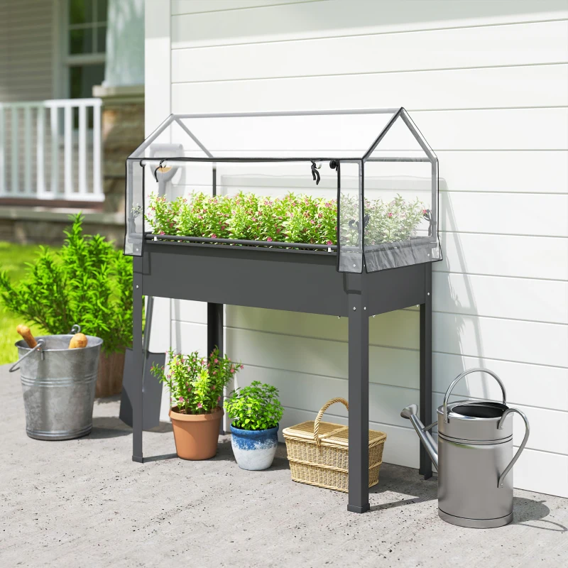 Outsunny Elevated Garden Box with Greenhouse Cover, Raised Garden Bed with Legs and Drainage Hole for Vegetables, Dark Gray