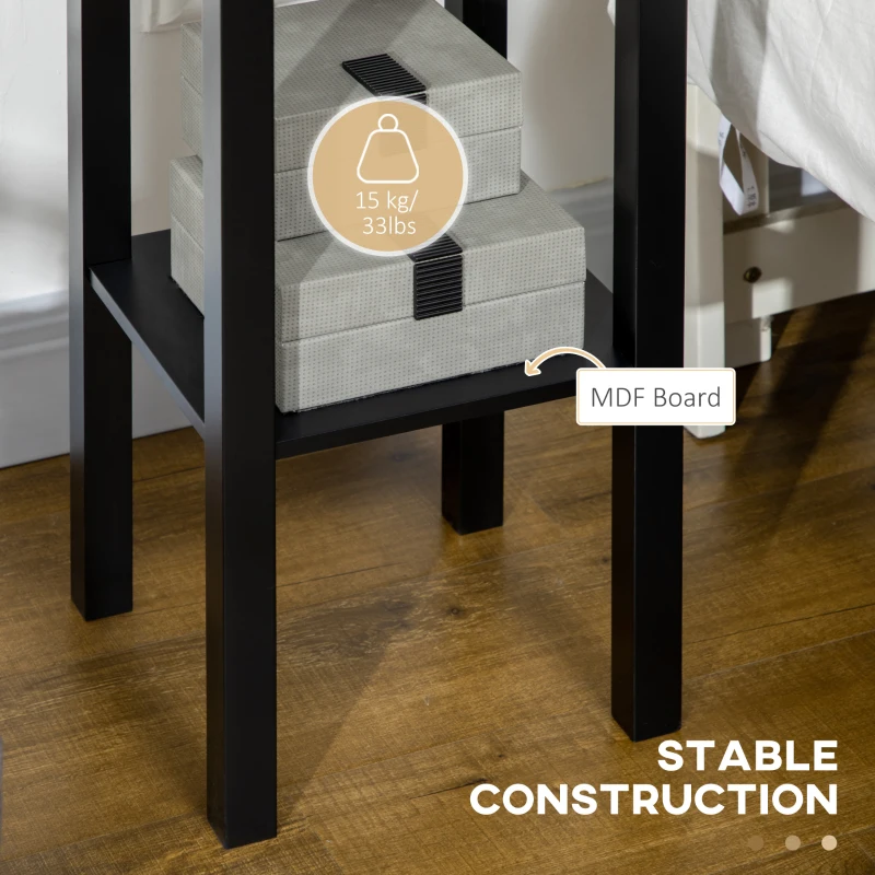 HOMCOM 2-Tier Nightstand, Side Table with Drawer and Shelf for Living Room or Bedroom, Set of 2, Black