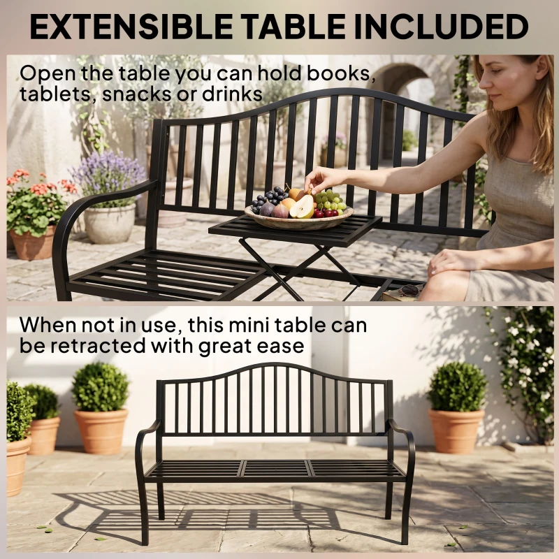 Outsunny Outdoor Bench with Retractable Middle Table, Metal Frame Patio Loveseat with Slatted Seat and Backrest, Curved Armrests, Black