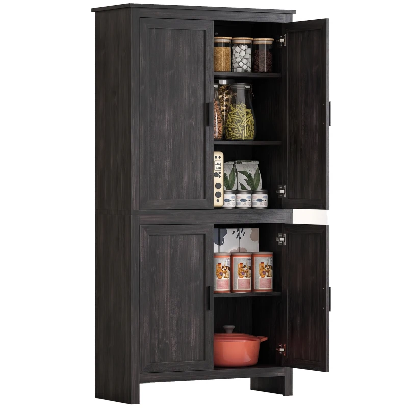 HOMCOM 64" 4-Door Kitchen Pantry, Freestanding Storage Cabinet with 3 Adjustable Shelves for Kitchen, Gray Oak