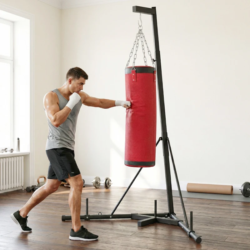 Soozier Punching Bag with Stand for Adults, 72.8"-90.9" Height Adjustable Freestanding Boxing Stand with Canvas Sandbag, Red