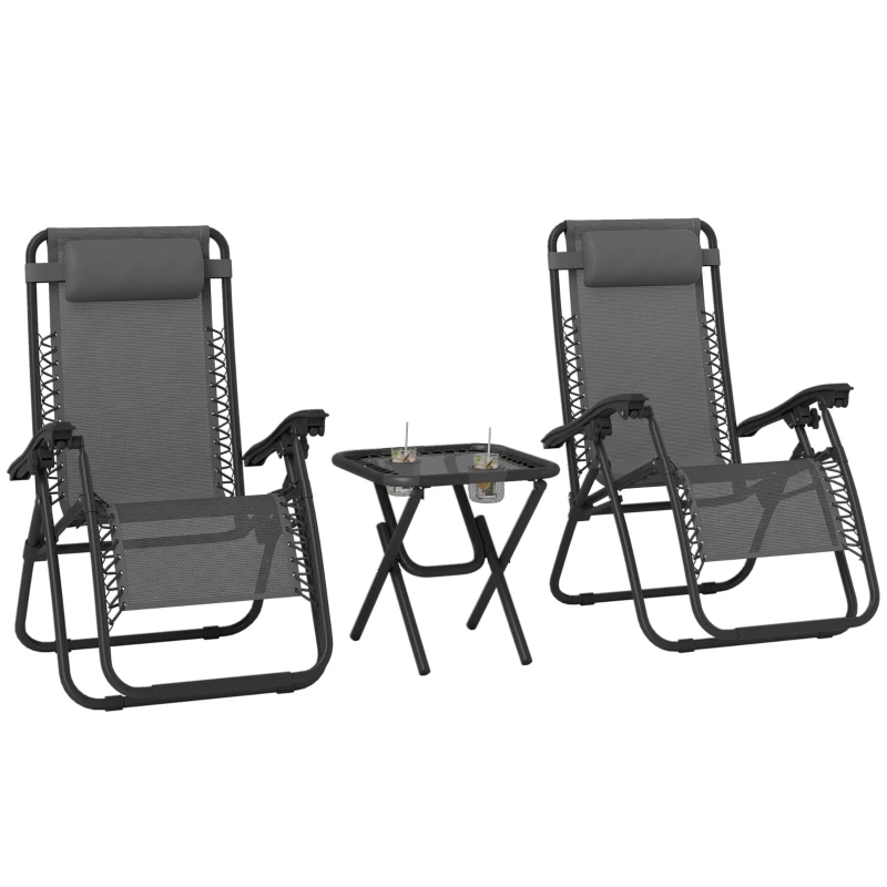 Outsunny Zero Gravity Chair Set of 2 Patio Chair with Side Table Cupholders and Pillows for Pool, Backyard, Lawn, Beach, Grey