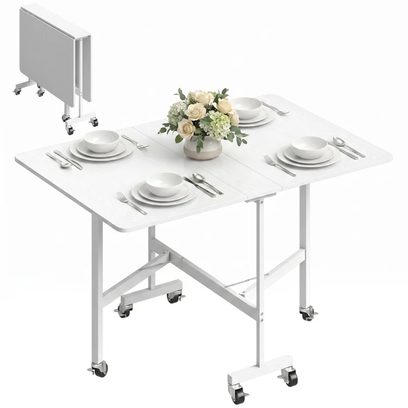 HOMCOM Six-Seater Drop-Leaf Dining Table with Wheels, White