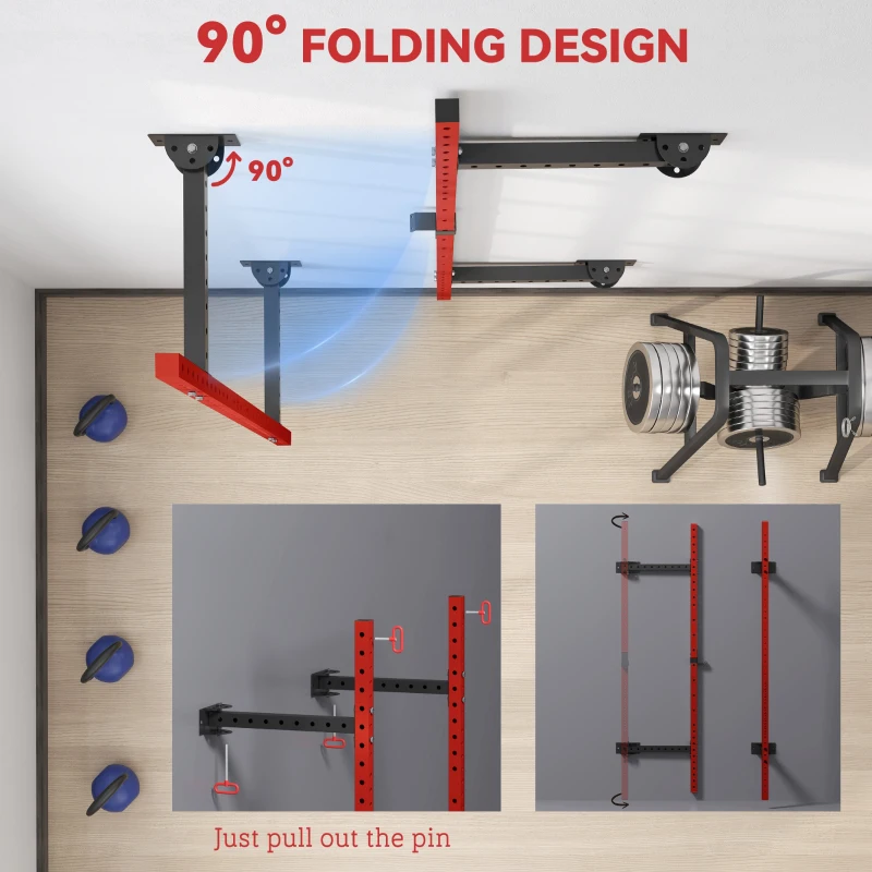Soozier Folding Squat Rack with Pull Up Bar, Wall Mounted and Adjustable, 1000 Pounds Capacity Power Rack, Red