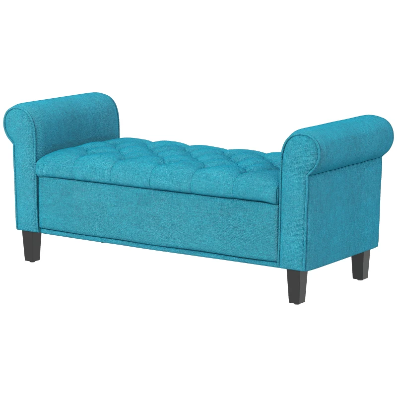HOMCOM 50 Inches Storage Ottoman, End of Bed Bench with Rolled Arms, Wood Legs, Button Tufted Storage Bench, Teal