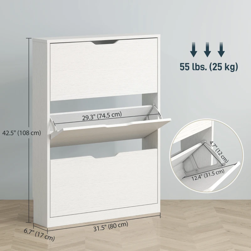 HOMCOM Narrow Shoe Storage Cabinet, Shoe Cabinet with 3 Flip Drawers, 31.5" W x 6.7" D x 42.5" H, White