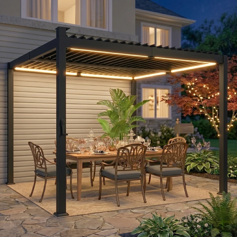 Outsunny 10 x 10 ft Louvered Pergola with Solar LED lights, Metal Roof, Outdoor Pergola Gazebo with Drainage Gutters, Black