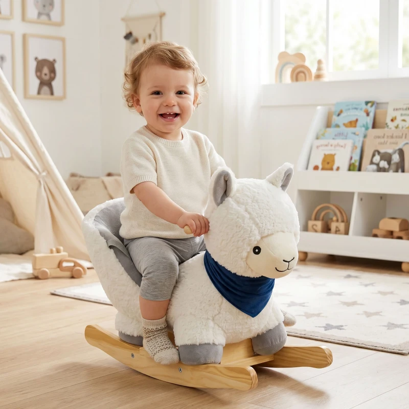 Qaba Baby Rocking Horse, Plush Animal Rocker Alpaca with Realistic Sound, Seat Belt, Handle Grip for 12-36 Months, White