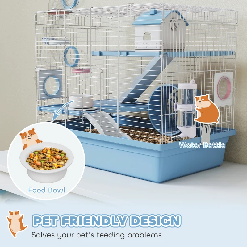 PawHut Hamster Cage, 3-Tier Small Animal Cage with Exercise Wheel, Food Bowl, Water Bottle, House, Tunnels, Ramps