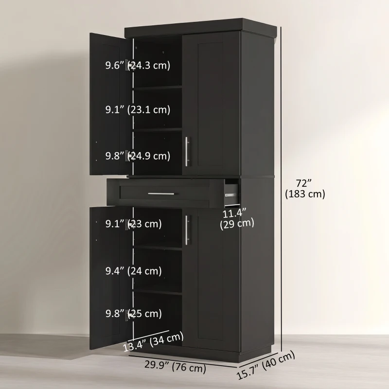 HOMCOM 72" Storage Cabinet, Freestanding Kitchen Pantry Cabinet with 4 Doors, Drawer and 3 Adjustable Shelves, Black