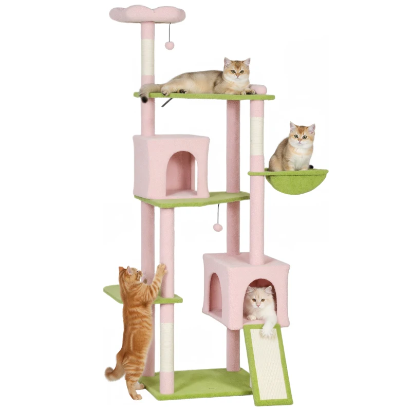 PawHut 74" Flower Cat Tree, Large Cat Tower with Scratching Post & Board for Indoor Cats, Pink
