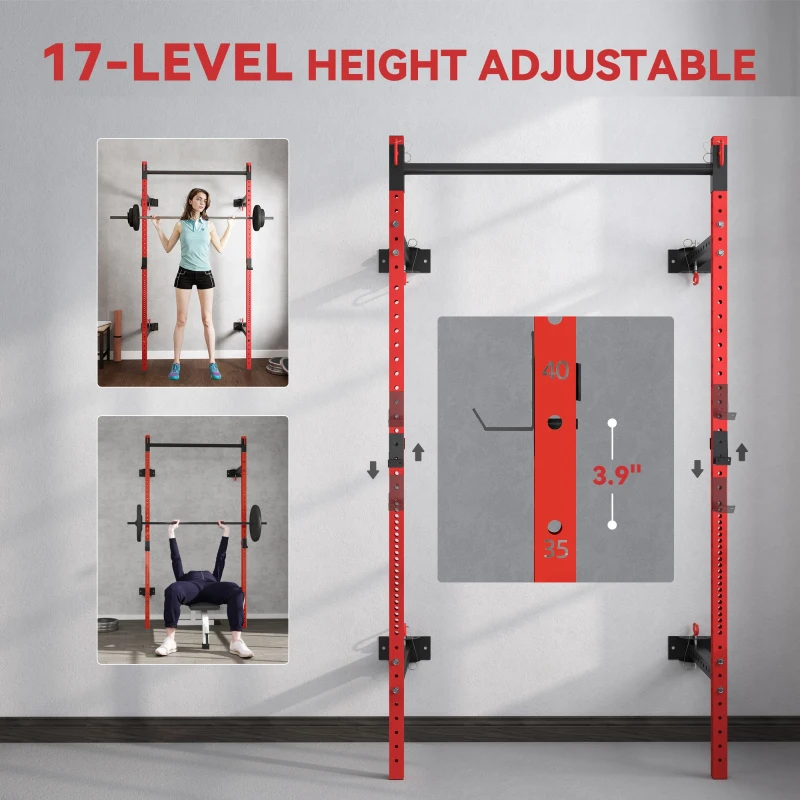 Soozier Folding Squat Rack with Pull Up Bar, Wall Mounted and Adjustable, 1000 Pounds Capacity Power Rack, Red