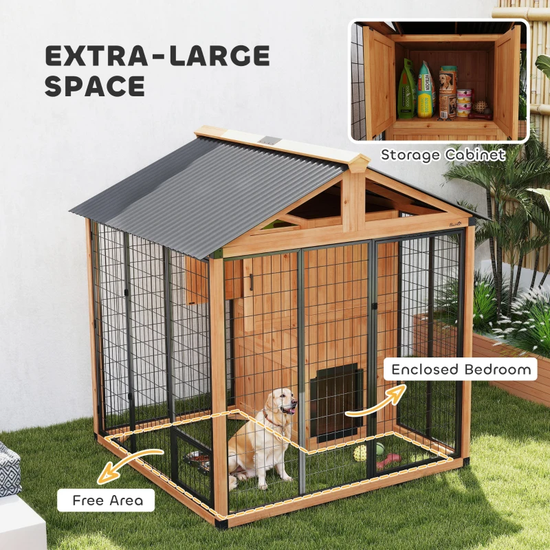 PawHut 7' x 6' Extra Large Dog House, Wood Outdoor Dog Kennel with Storage Cabinet, Stainless Steel Bowls, Light Yellow