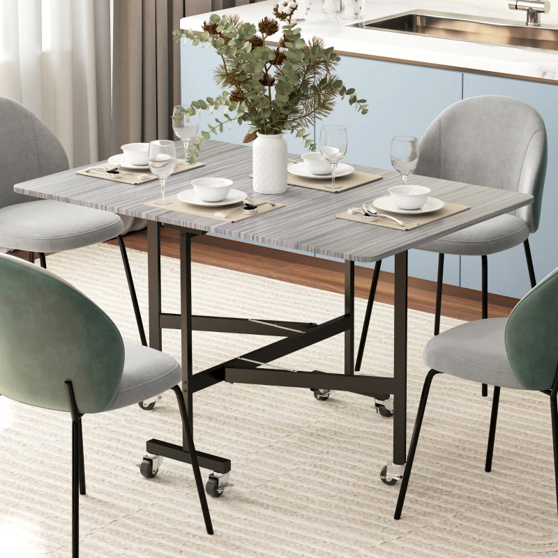 HOMCOM Six-Seater Drop-Leaf Dining Table with Wheels, Grey