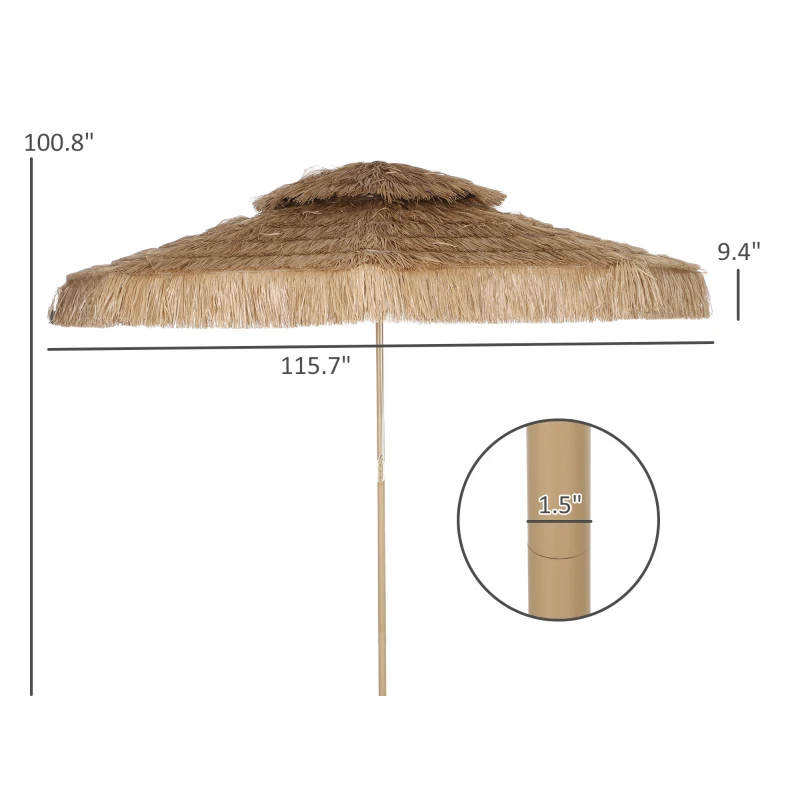 Outsunny 10 ft. Hula Thatched Tiki Patio Outdoor Umbrella with 8 Ribs, UPF30+, for Garden, Backyard, Deck, Pool, Natural