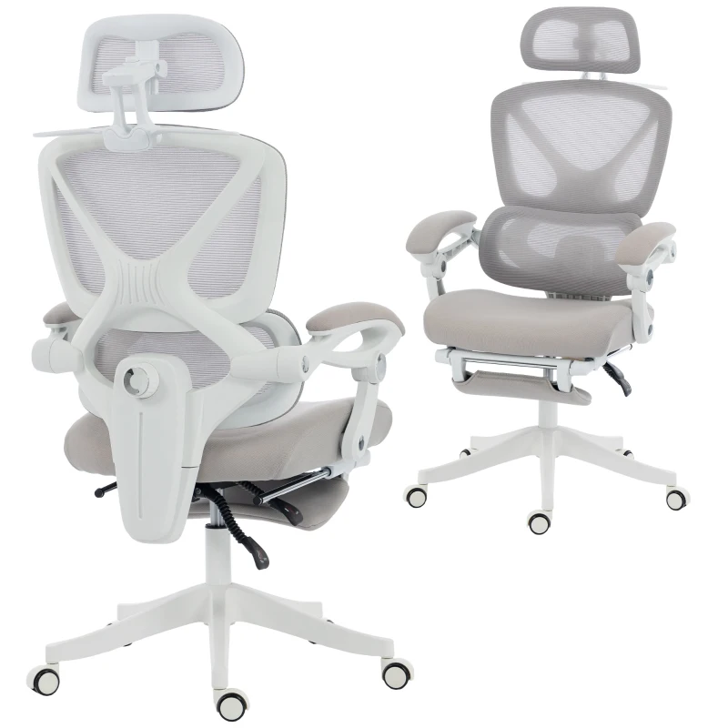 HOMCOM Mesh Desk Chair with Adjustable Headrest, Reclining Ergonomic Office Chair with Footrest, Light Grey