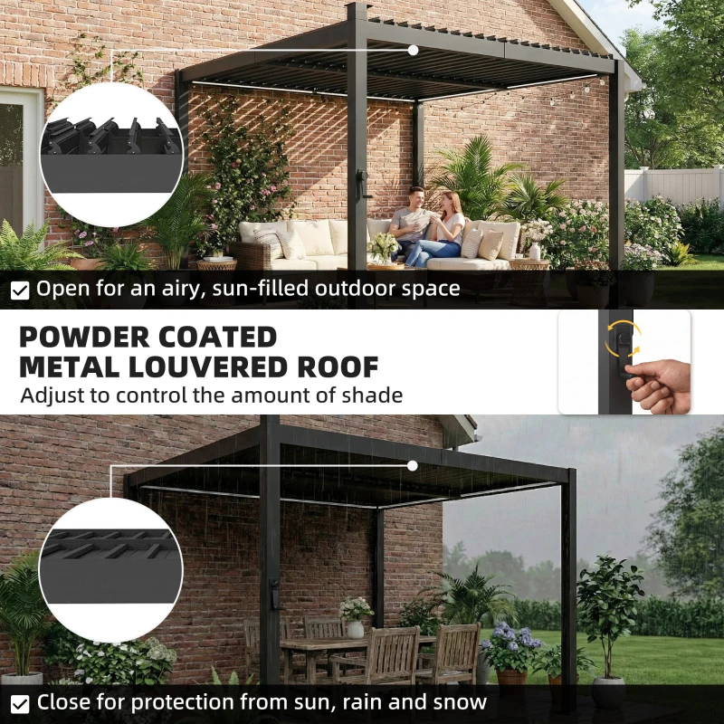 Outsunny 10 x 10 ft Louvered Pergola with Solar LED lights, Metal Roof, Outdoor Pergola Gazebo with Drainage Gutters, Black