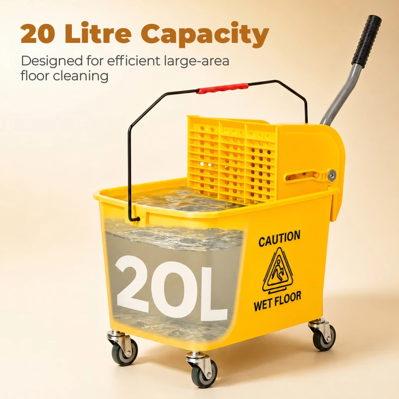 HOMCOM Compact Mop Bucket with Wringer, Mop Bucket on Wheels, 21 Quart, Separate Dirty and Clean Water, Yellow