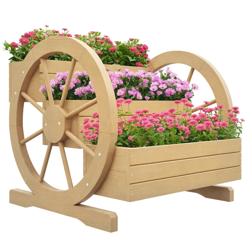 Outsunny Wooden Wagon Planter Box, 3-Tier Raised Garden Bed, for Vegetables Flowers Herbs, 24" x 24" x 22", Natural