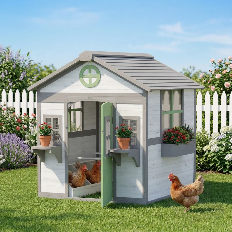 PawHut Chicken Coop, Wooden Hen House Outdoor Playhouse for 2-4 Chickens, Poultry Cage with Planter Pots and Boxes