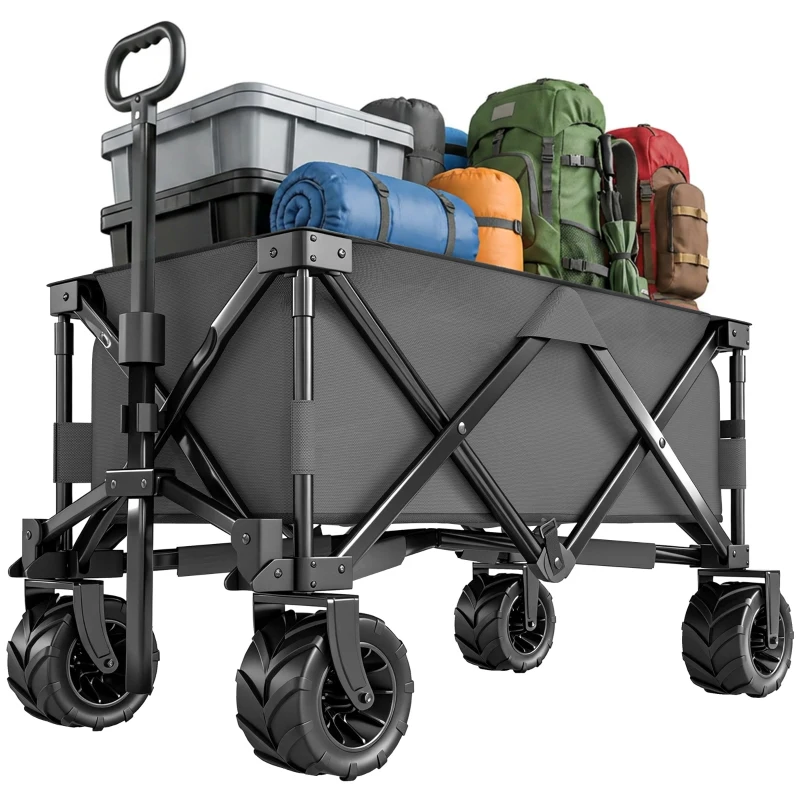 Outsunny Outdoor Pull Along Trailer Folding Camping Trailer for Beach Garden with Handle, Anti-Slip Wheel - Dark Grey