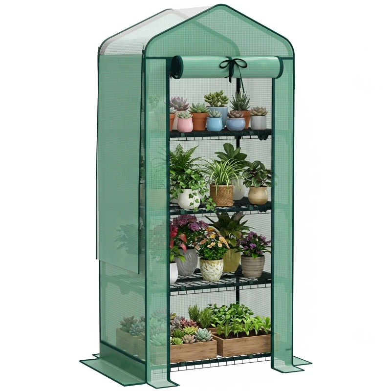 Outsunny Mini Greenhouse with Screen Roof, 4 Tier Portable Small Greenhouse with High Strength PE Cover, Green