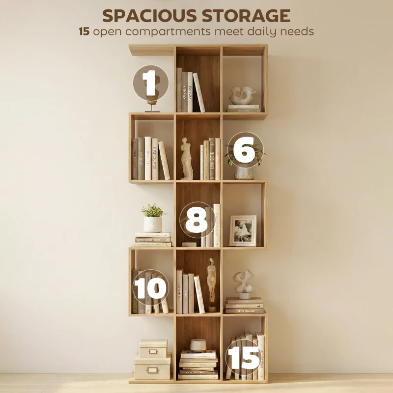 HOMCOM 5-Tier Bookshelf, S Shaped Geometric Bookcase with 15 Compartments, Oak