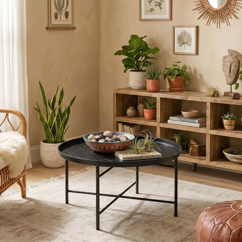 HOMCOM Coffee Table for Living Room, 24" Round Center Table with Hammered Tray Top and Metal Frame for Bedroom, Black