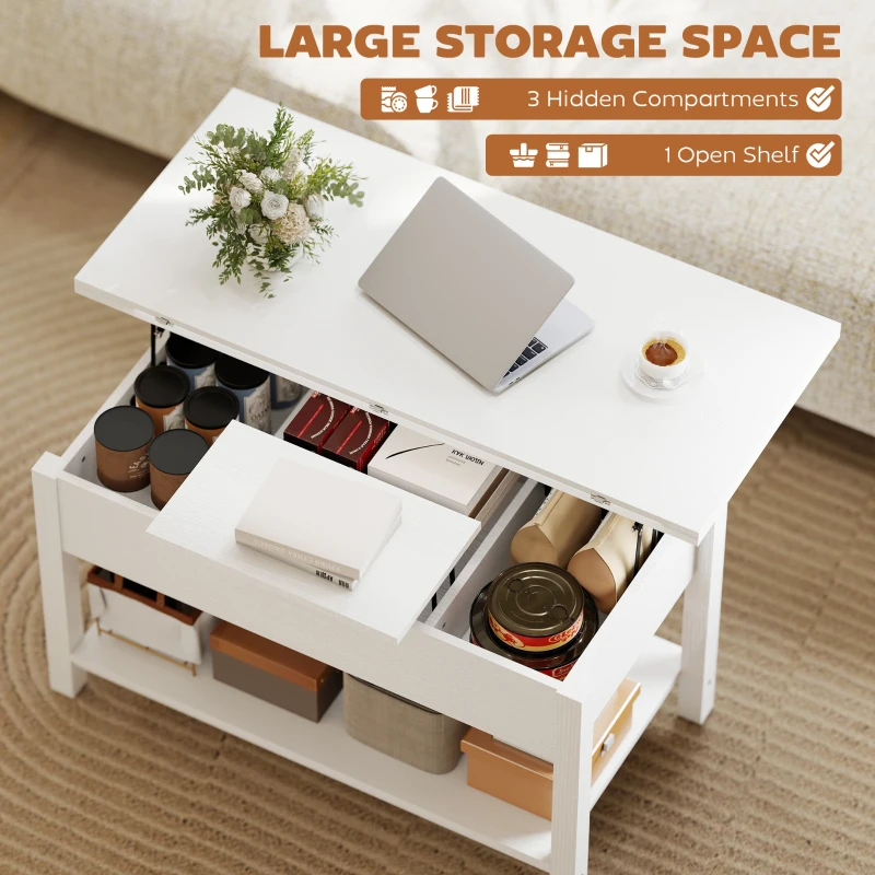 HOMCOM Lift Top Coffee Table with Storage and Hidden Compartment, Modern Convertible Center Table for Living Room, White
