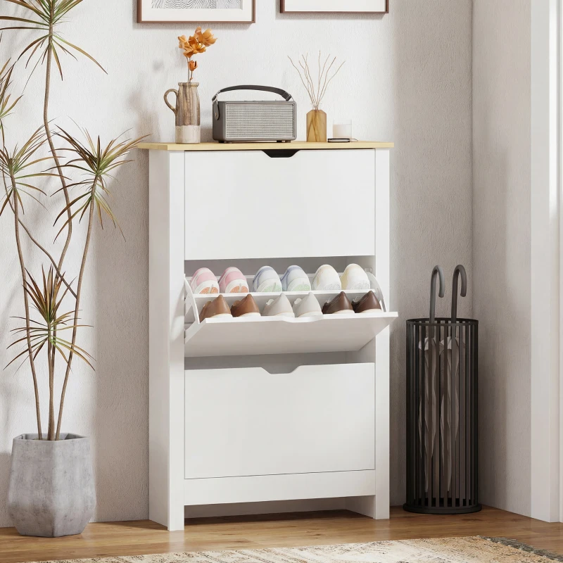HOMCOM Shoe Storage Cabinet with 3 Flip Drawers and Adjustable Shelves for 12-18 Pairs of Shoes, White