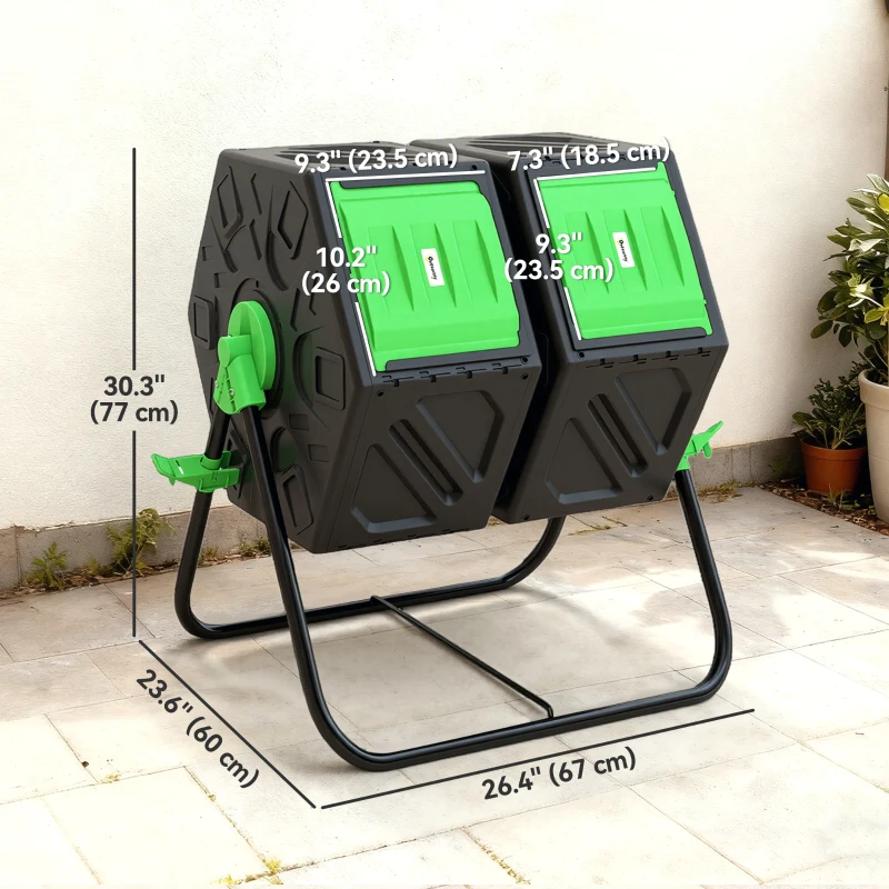 Outsunny Rotating Composter, Dual Chamber Compost Bin with 24 Vents and Steel Legs, 34.5 Gallon, Green
